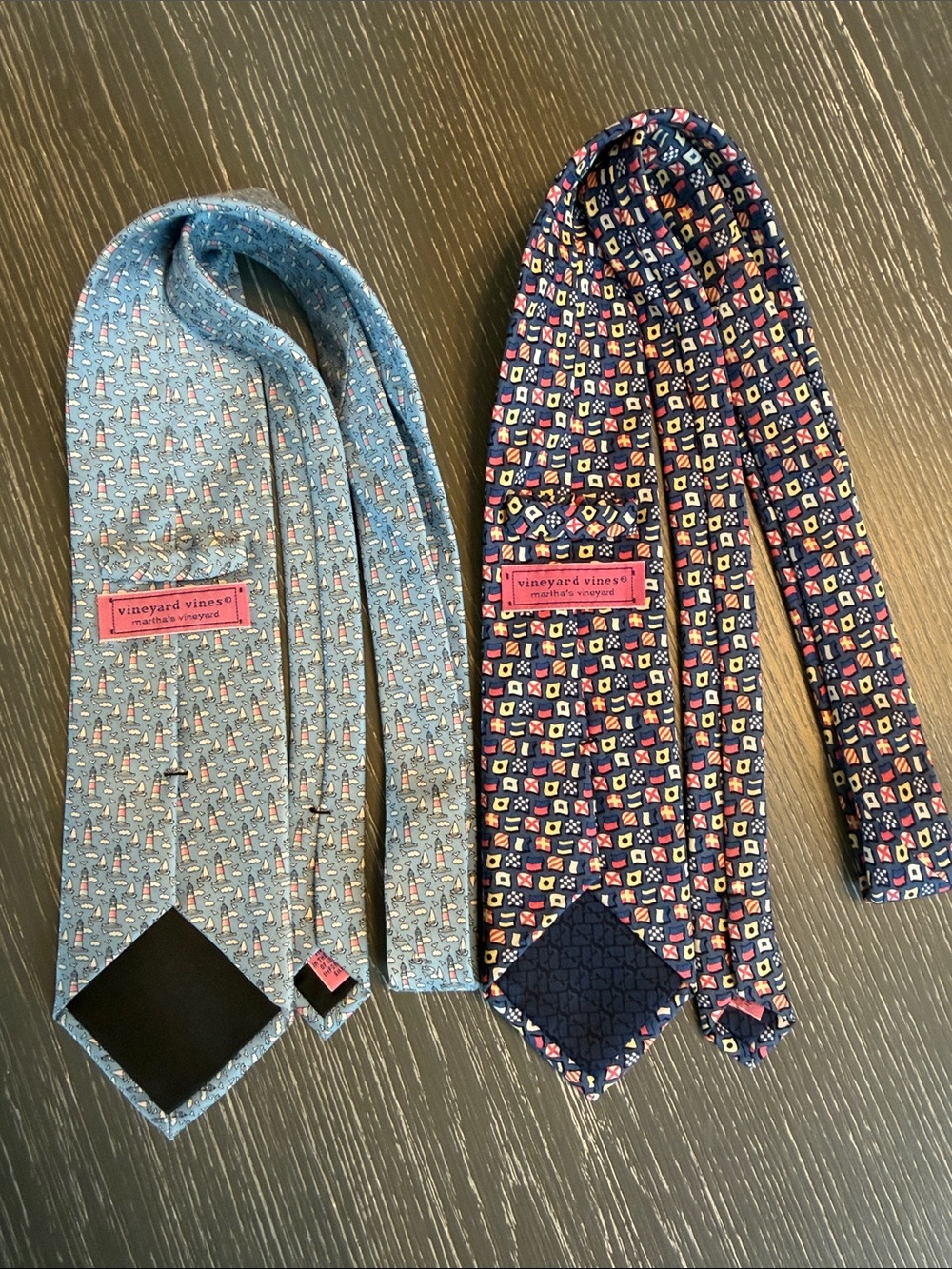 2 Men's Vineyard Vines Nautical Light Blue and Navy Patterned Silk Ties - Picture 5 of 9
